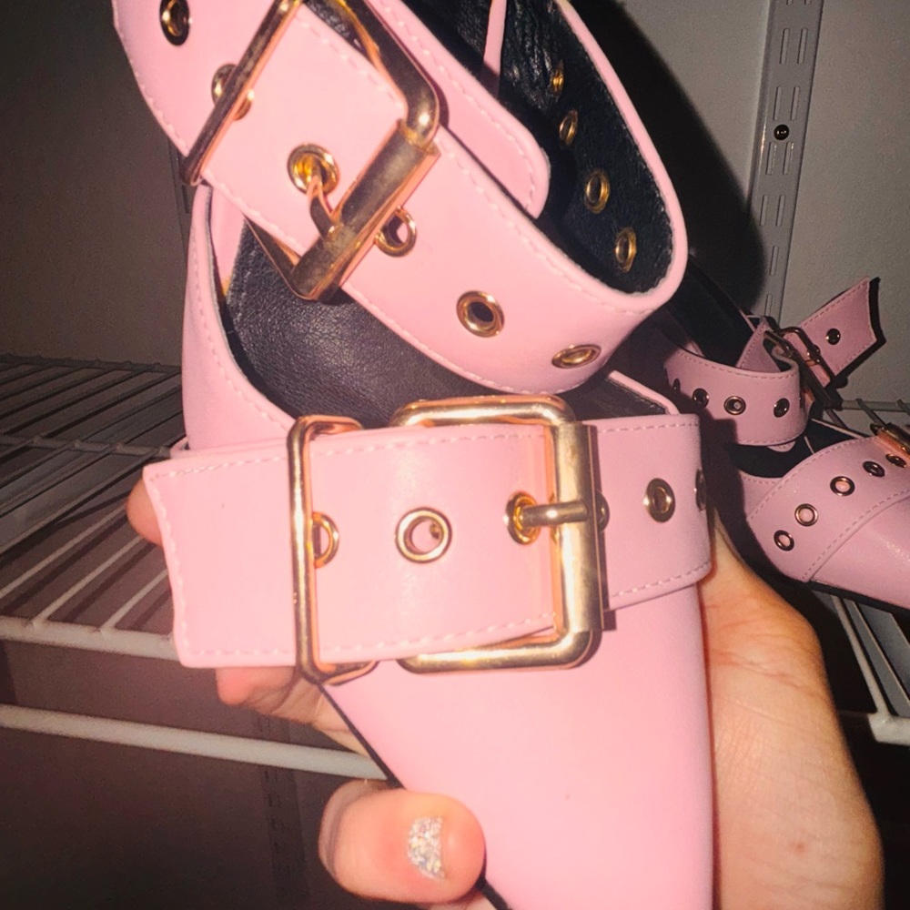 Pink High Heel Mules with Gold Buckles - Picture 4 of 6